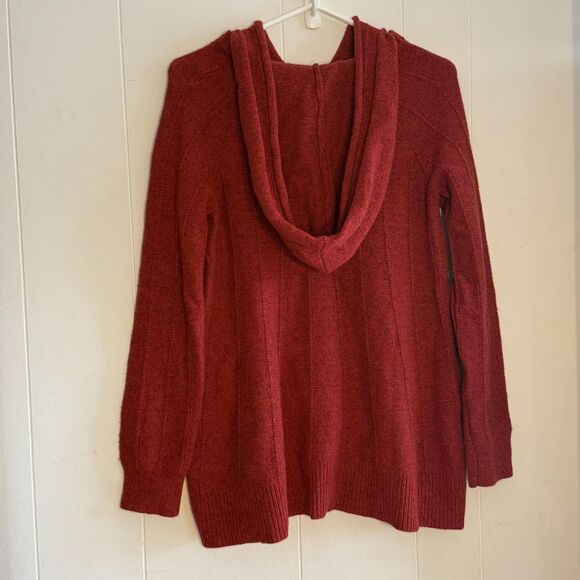 Moth Sweater Womens Large Red Wool Cable Knit Hooded Tunic Pullover Asym Hem - Picture 8 of 14